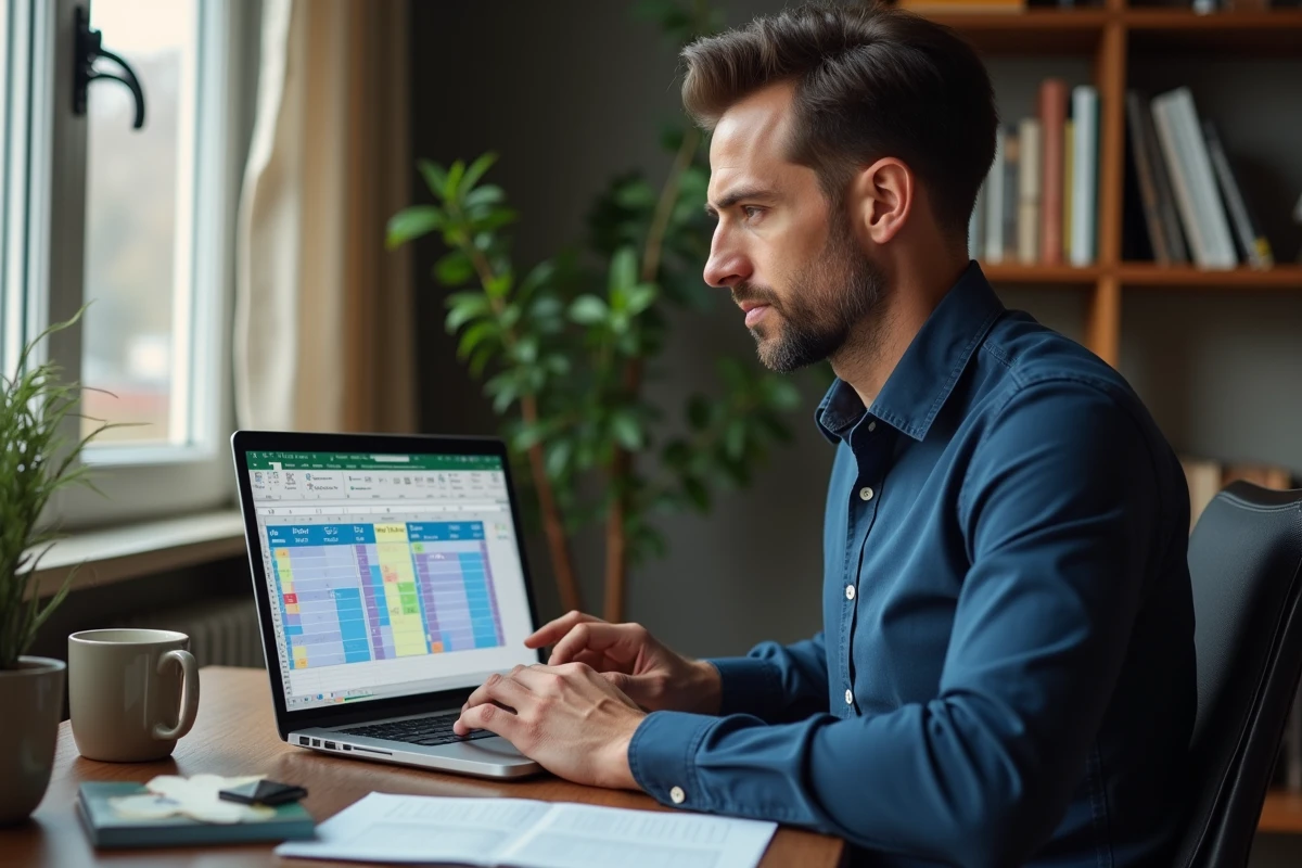 Homme travaillant sur un modèle Excel de planning semaines paires sur ordinateur portable à domicile