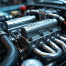 Moteur de voiture brillant avec tubes remplis d'eau dans un atelier