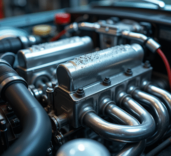 Moteur de voiture brillant avec tubes remplis d'eau dans un atelier
