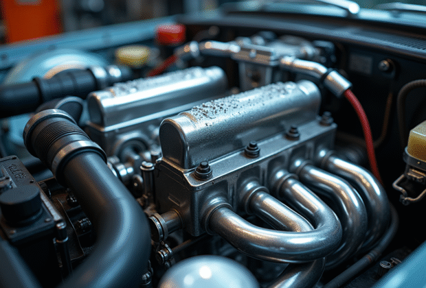 Moteur de voiture brillant avec tubes remplis d'eau dans un atelier