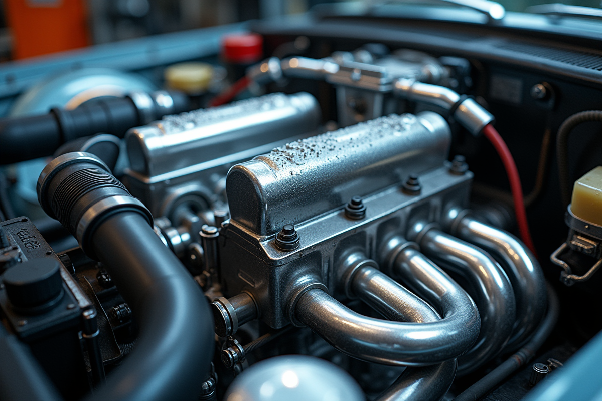 Moteur de voiture brillant avec tubes remplis d'eau dans un atelier