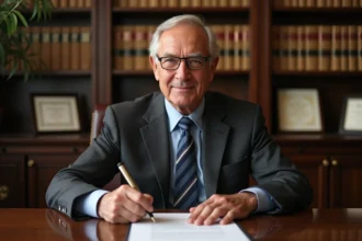 Notaire âgé signant un document officiel dans son bureau