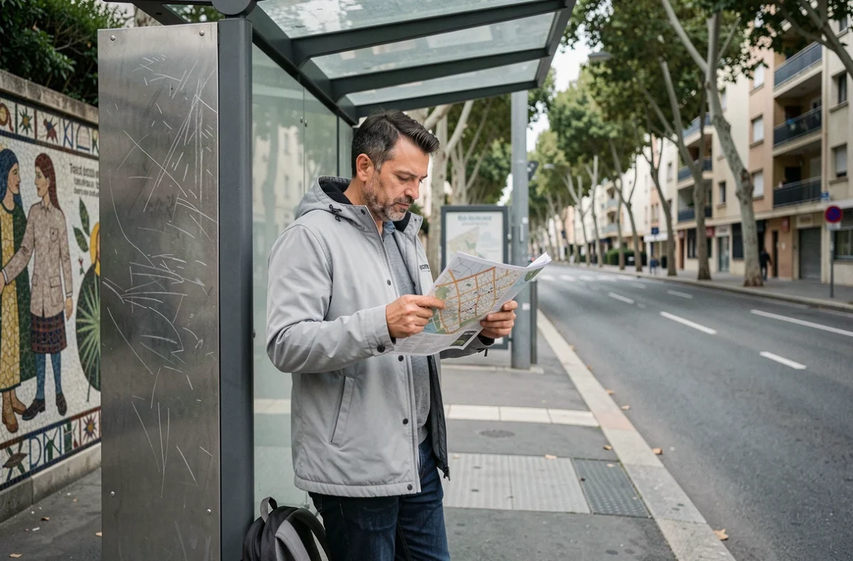 Nouvel arrivant consultant un plan de quartier à un arrêt de tram dans les quartiers nord de Marseille