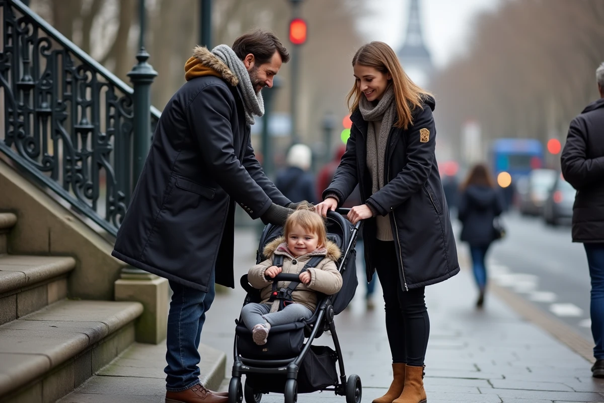 Père et famille préparant le métro dans la rue parisienne