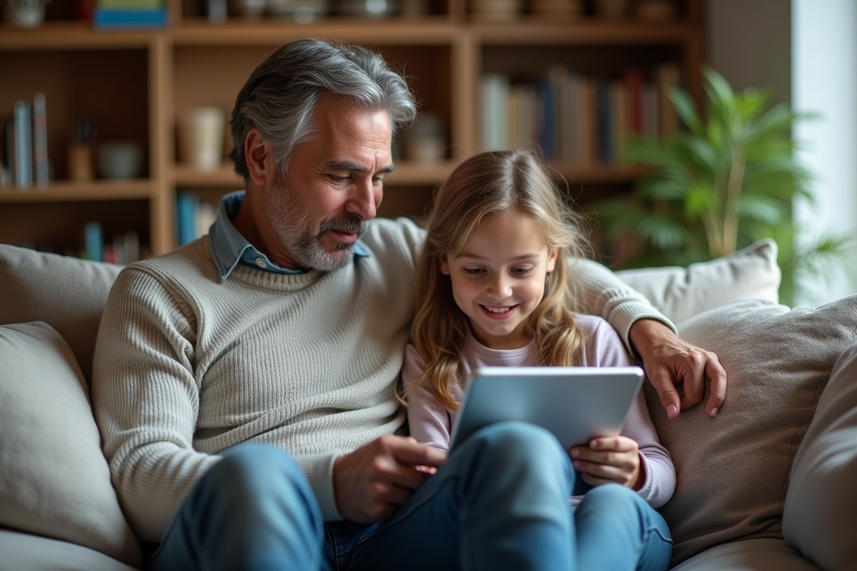 Père et fille regardant une tablette dans le salon familial