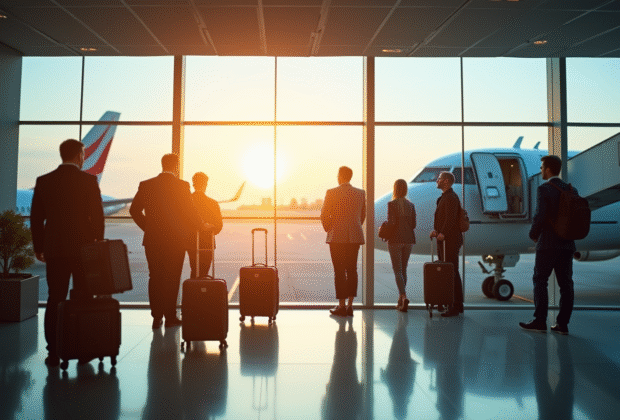 Passagers embarquant dans un avion via une passerelle à l'aéroport