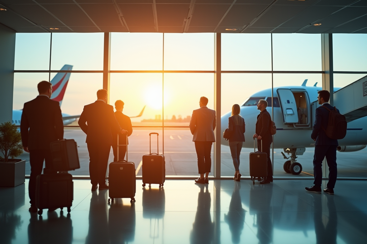 Passagers embarquant dans un avion via une passerelle à l'aéroport