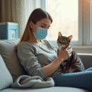 Personne portant un masque médical caressant un chat calme