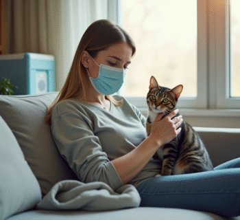 Personne portant un masque médical caressant un chat calme