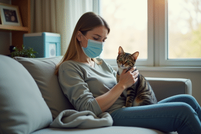 Personne portant un masque médical caressant un chat calme