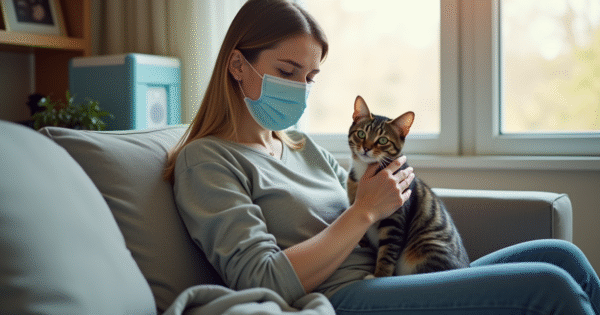 Personne portant un masque médical caressant un chat calme
