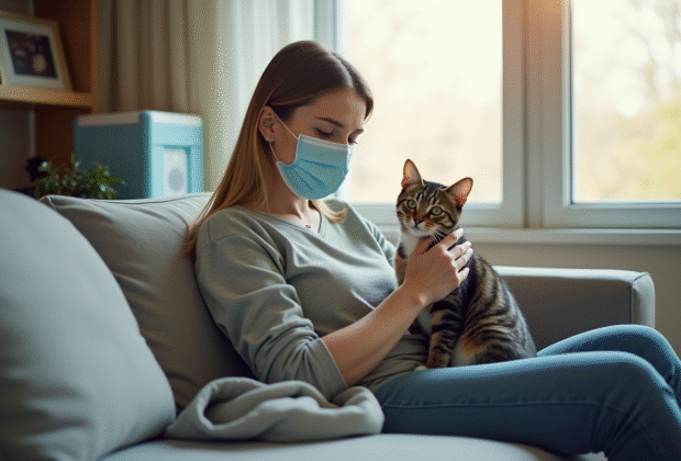 Personne portant un masque médical caressant un chat calme