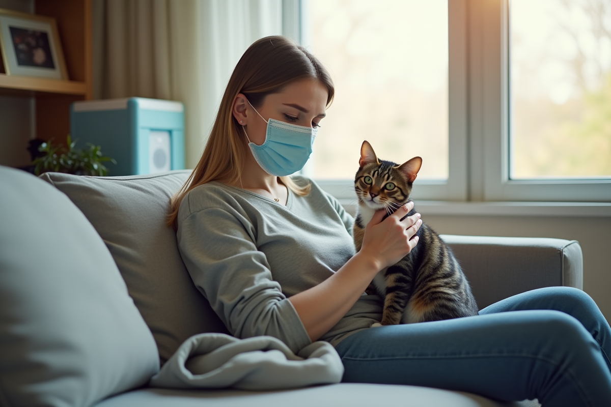 Personne portant un masque médical caressant un chat calme
