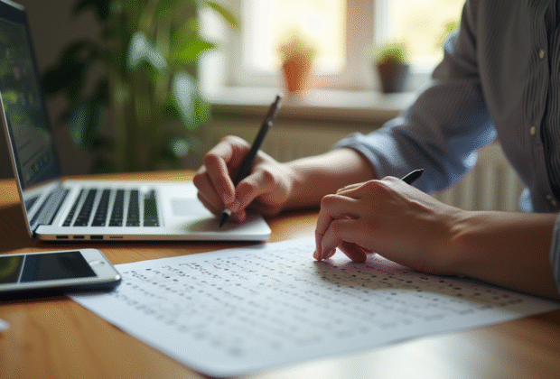Personne résolvant un mot croisé sur un bureau lumineux