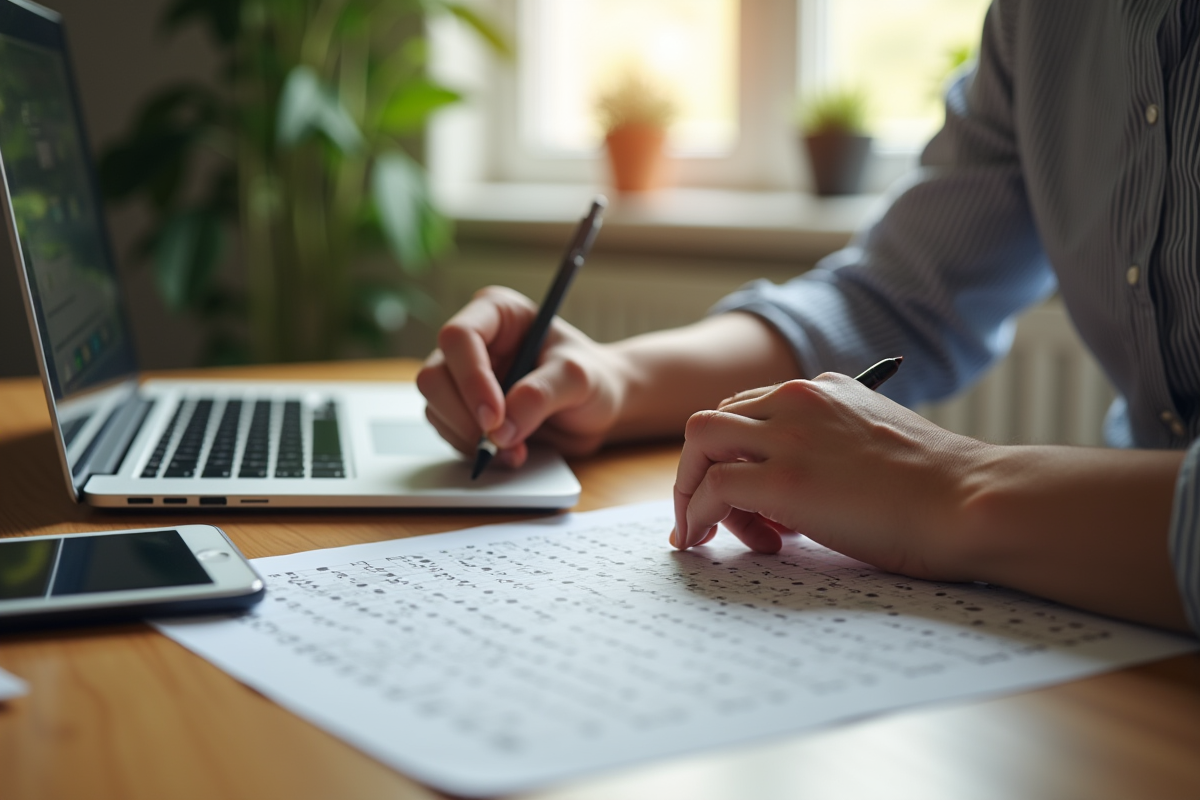 Personne résolvant un mot croisé sur un bureau lumineux