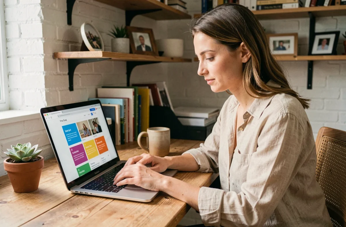 Femme personnalisant le design de son blog sur un ordinateur portable dans un bureau à domicile chaleureux