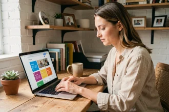 Femme personnalisant le design de son blog sur un ordinateur portable dans un bureau à domicile chaleureux