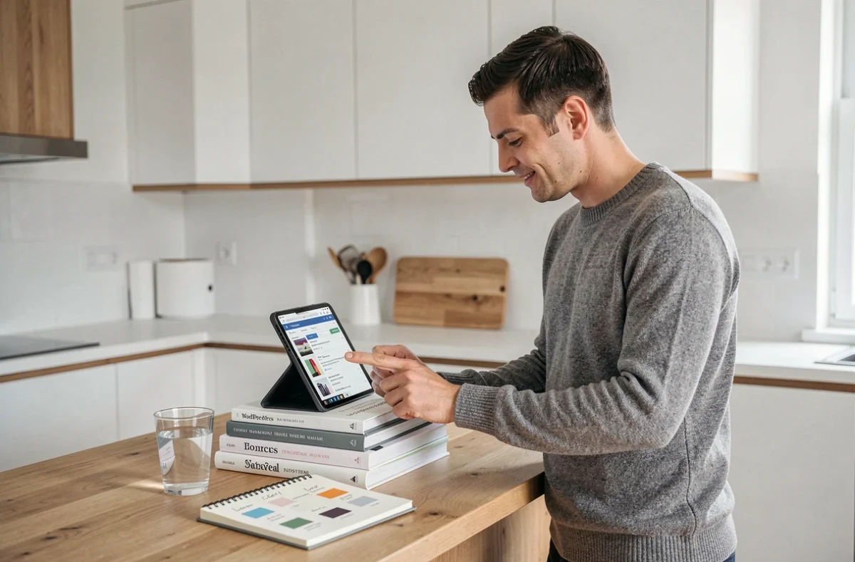 Homme consultant des options de personnalisation de thème WordPress sur une tablette dans une cuisine moderne