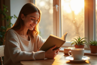 Femme souriante prenant un petit déjeuner cosy près d'une fenêtre