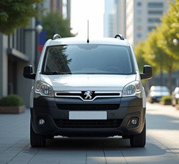 Voiture Peugeot Partner Tepee en ville en journée en gros plan