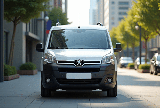 Voiture Peugeot Partner Tepee en ville en journée en gros plan