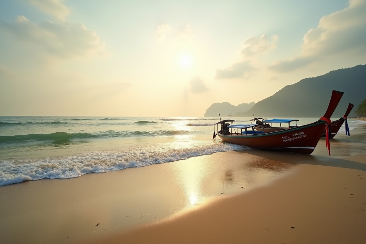 Plage matinale en Thaïlande avec bateaux en bois et vagues douces