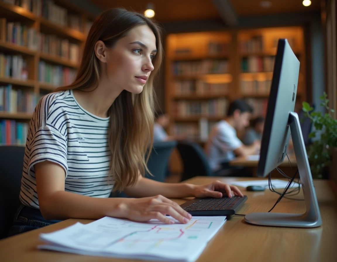 Jeune femme consultant un plan imprimé de la ligne 9 du métro dans une bibliothèque parisienne
