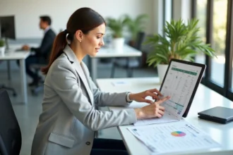 Femme professionnelle consultant un planning Excel de semaines paires imprimé au bureau