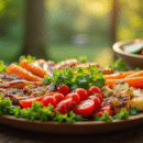 Assiette colorée de légumes grillés et salades fraîches en extérieur