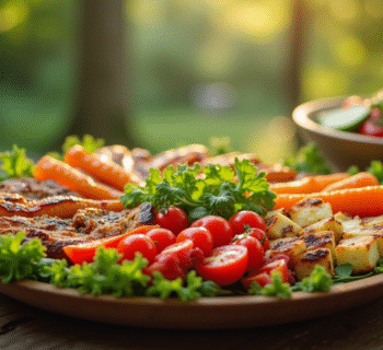 Assiette colorée de légumes grillés et salades fraîches en extérieur