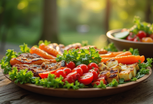 Assiette colorée de légumes grillés et salades fraîches en extérieur