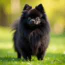 Chien pomeranian noir dans un parc ensoleille avec flou d'arrière plan