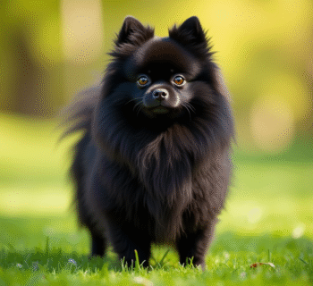 Chien pomeranian noir dans un parc ensoleille avec flou d'arrière plan