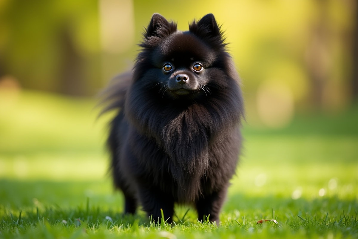 Chien pomeranian noir dans un parc ensoleille avec flou d'arrière plan