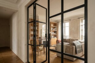 Porte verrière battante en acier noir et verre transparent installée dans un couloir d'appartement parisien, séparant le salon du couloir avec un effet de transparence partielle
