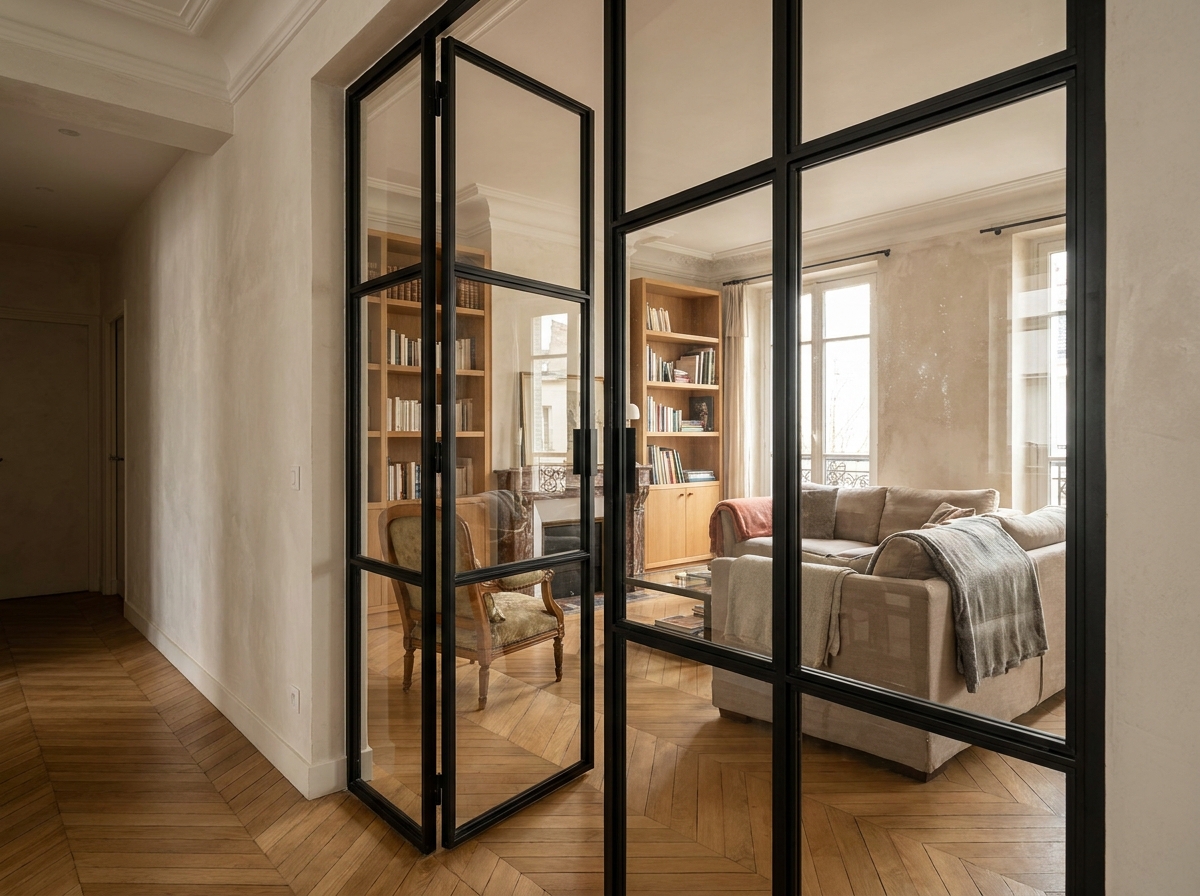 Porte verrière battante en acier noir et verre transparent installée dans un couloir d'appartement parisien, séparant le salon du couloir avec un effet de transparence partielle