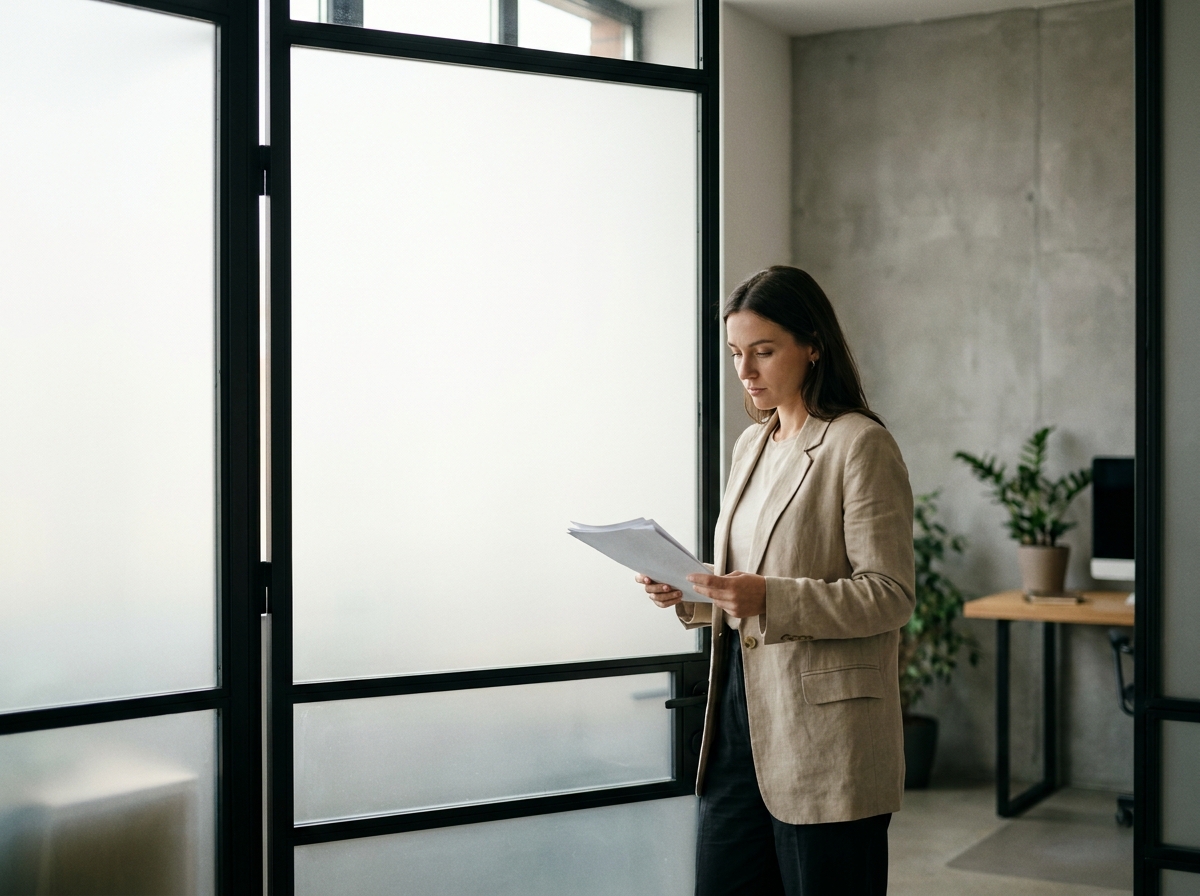 Femme dans un bureau à domicile séparé par une porte verrière battante en verre dépoli, assurant l'intimité visuelle tout en laissant passer la lumière naturelle