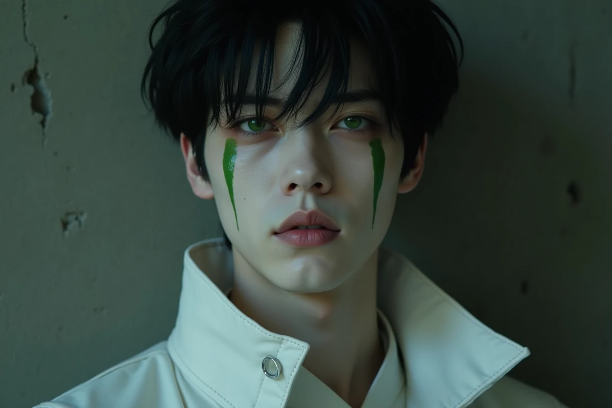 Portrait rapproché du personnage Ulquiorra Schiffer avec maquillage blanc et marques noires sous les yeux verts