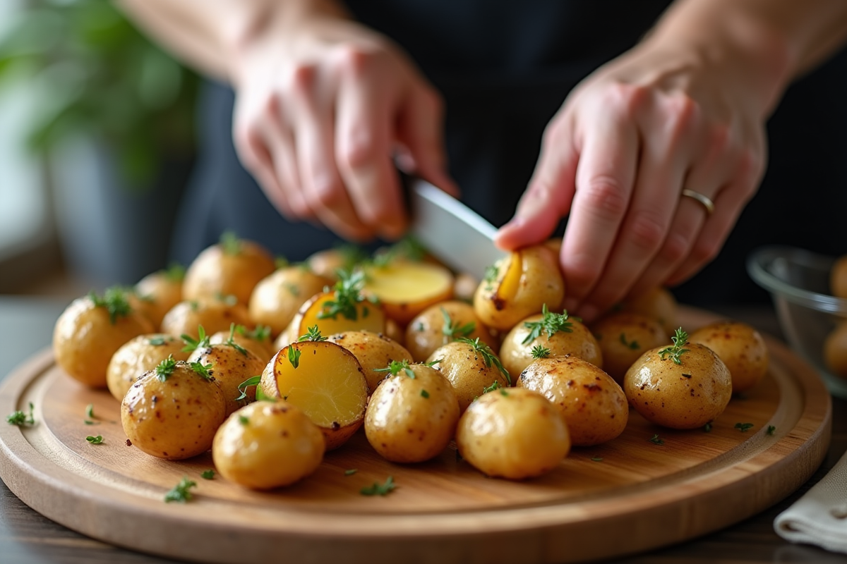 Mains coupant des pommes de terre rôties pour barbecue