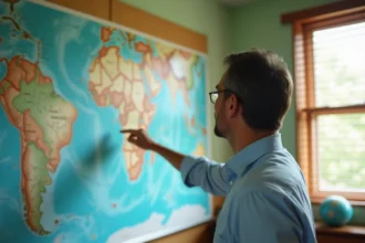 Professeur de géographie désignant Mayotte sur une carte murale de l'Afrique en salle de classe