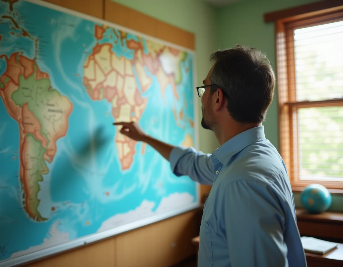 Professeur de géographie désignant Mayotte sur une carte murale de l'Afrique en salle de classe