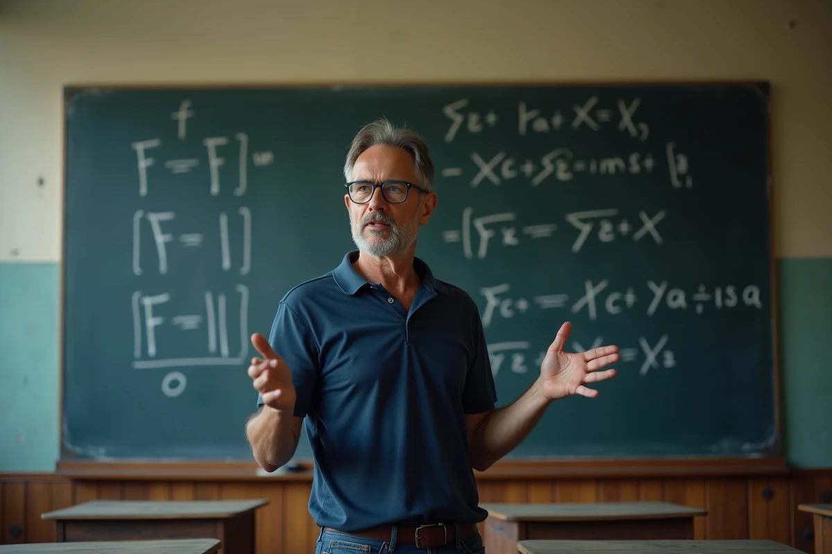 Professeur expliquant la formule de force devant un tableau noir dans une salle de classe universitaire