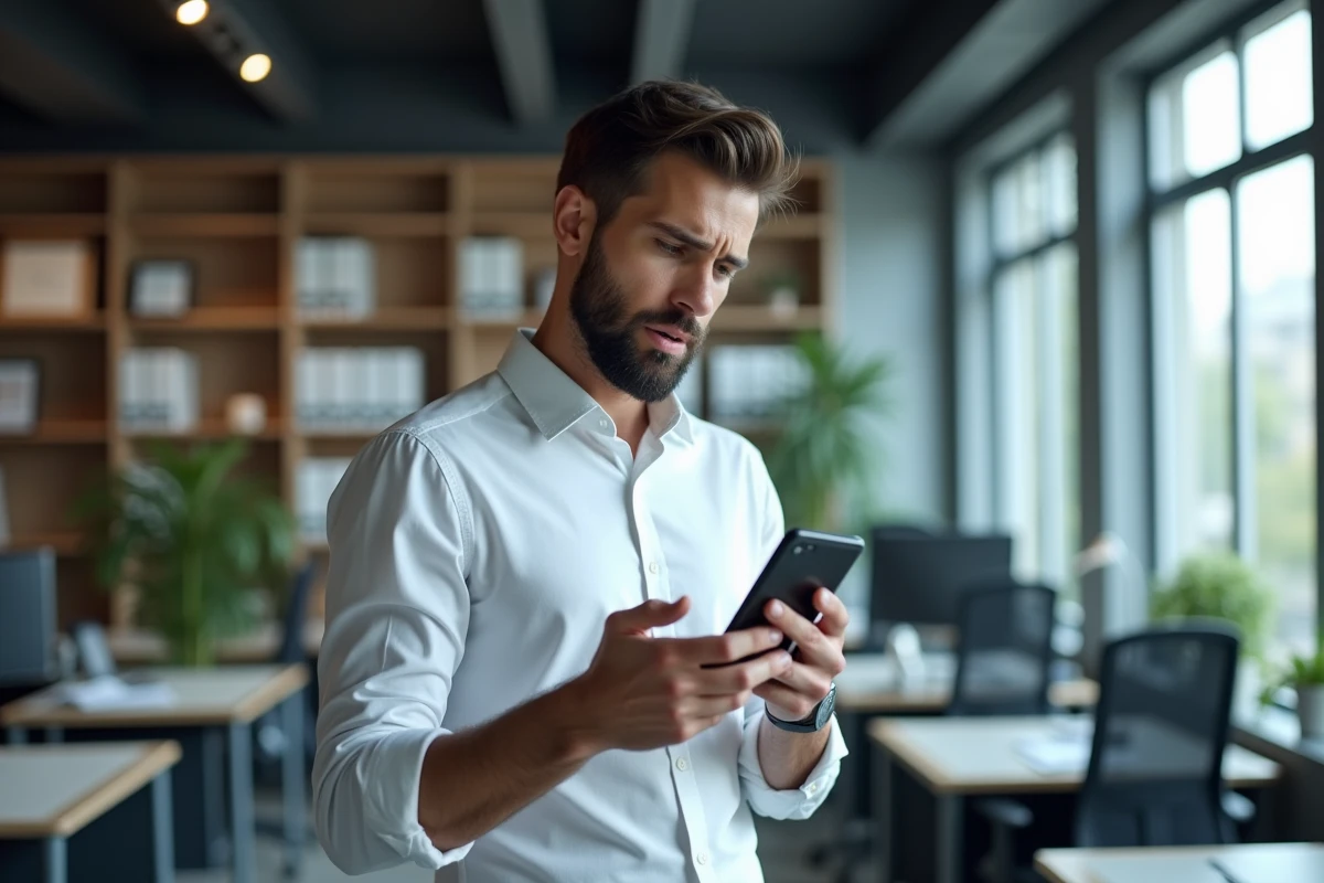 Jeune professionnel regardant avec suspicion une notification d'appel inconnu sur son téléphone dans un bureau moderne