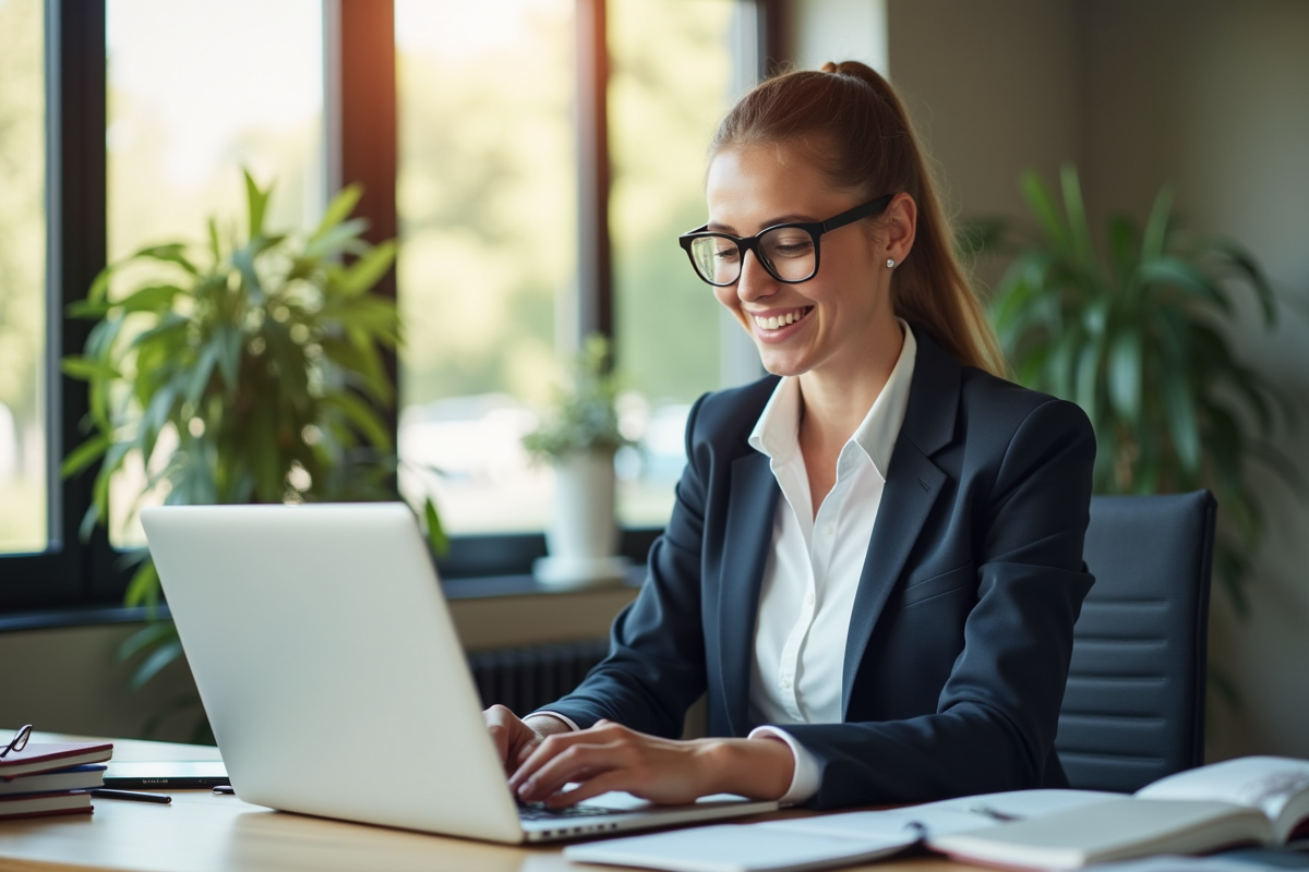 Professionnel souriant utilisant un ordinateur dans un bureau lumineux