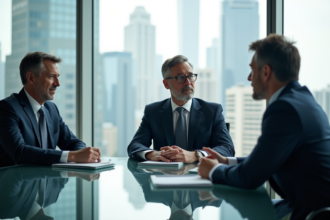 Trois professionnels en réunion dans un bureau moderne