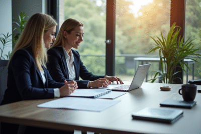 Deux professionnels d'affaires examinant des documents juridiques