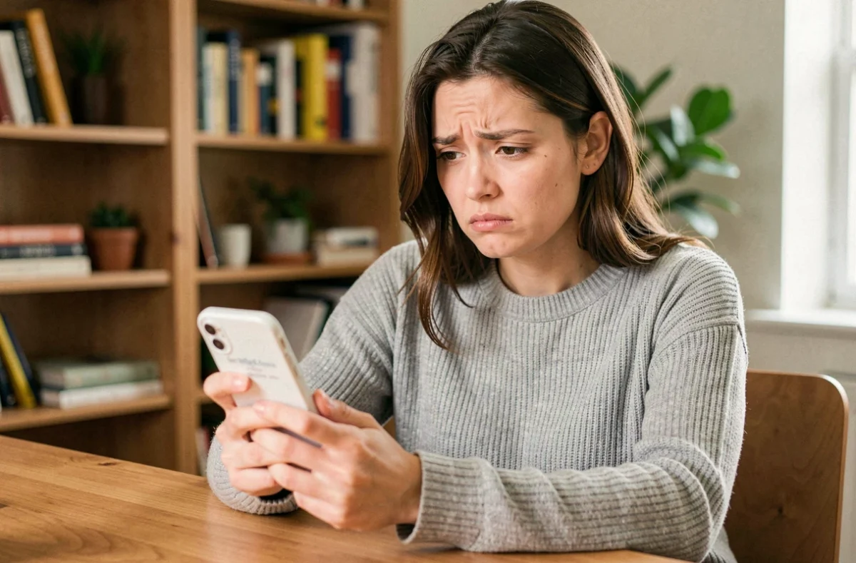 Jeune femme frustrée tenant un smartphone affichant une erreur de profil Instagram introuvable après changement de pseudo