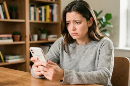Jeune femme frustrée tenant un smartphone affichant une erreur de profil Instagram introuvable après changement de pseudo