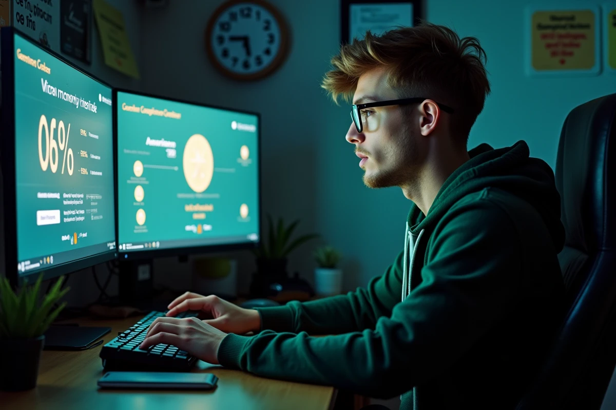 Joueur adulte analysant les statistiques de progression et le contenu endgame de Split Fiction sur son PC de bureau