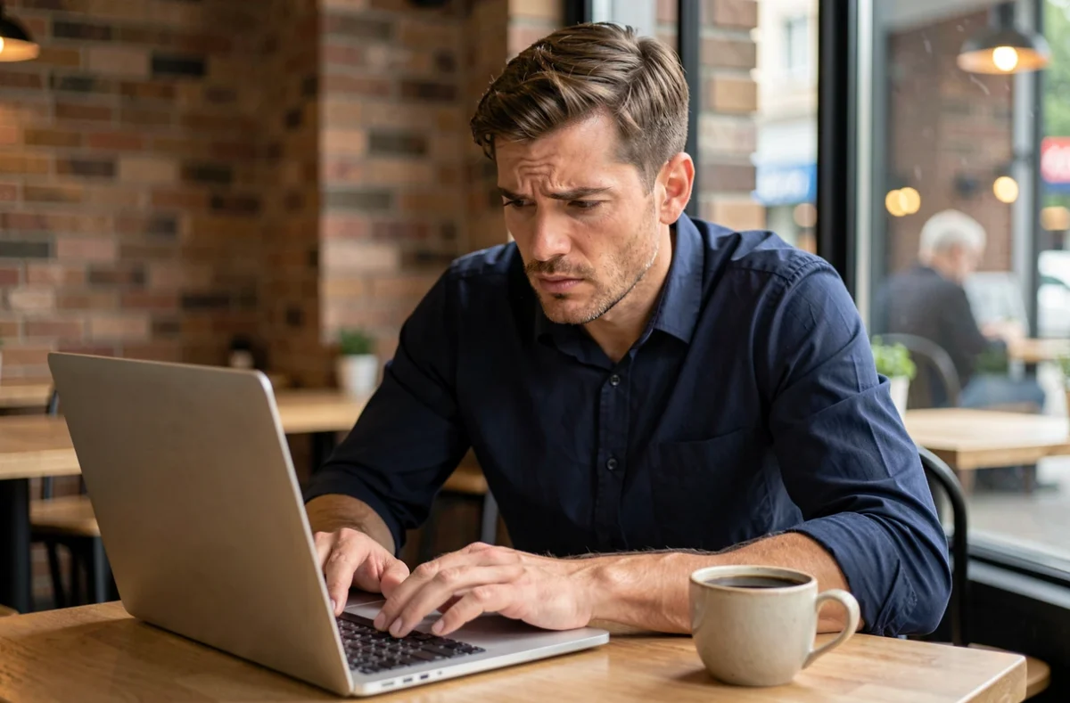 Homme cherchant un compte Instagram introuvable sur son ordinateur portable dans un café après un changement de nom d'utilisateur